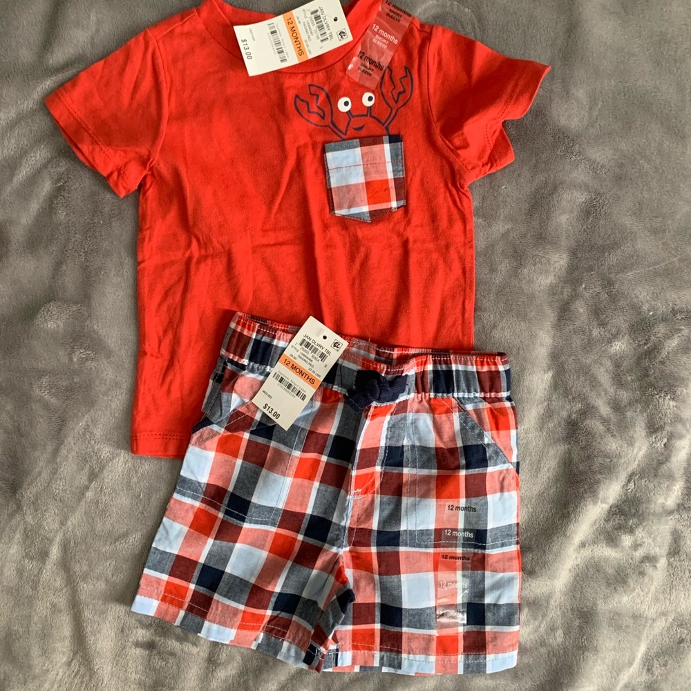 Red, White & Blue Crab Short-sleeve Shirt with Plaid Shorts